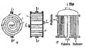 Рис. 1.4 типы спиральных теплообменников.     а-горизонтальный спиральный теплообменник,   б-вертикальный спиральный теплообменник.  1,2 - листы, 3-разделительная перегородка